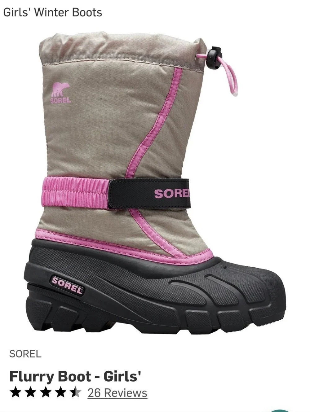 Sorel Big Girls Flurry Pink & Gray Winter Waterproof Boots